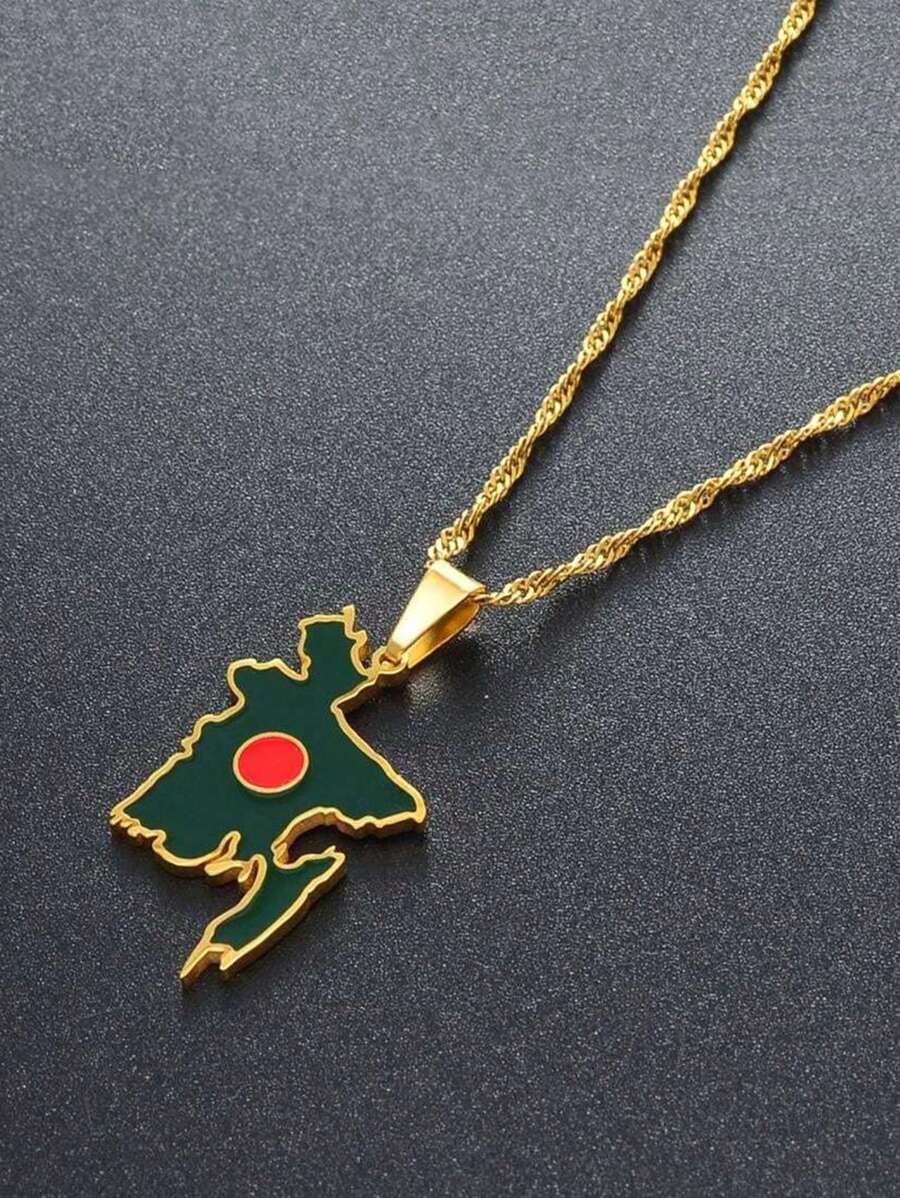 1pc Bangladesh Map Flag Pendant Necklaces, Stainless Steel Bangladeshi Maps Chains Bengali, Unisex Jewelry, Can Be Matched With Your Daily Clothing