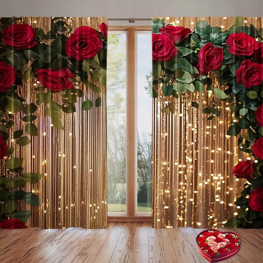 2pcs Glitter Rose Flower Digital Printed Curtain, Polyester Material, Rod Pocket Design, Suitable For Living Room, Kitchen, Bedroom, Study, Bathroom, Hotel, Dining Room, Foyer, Home Decor
