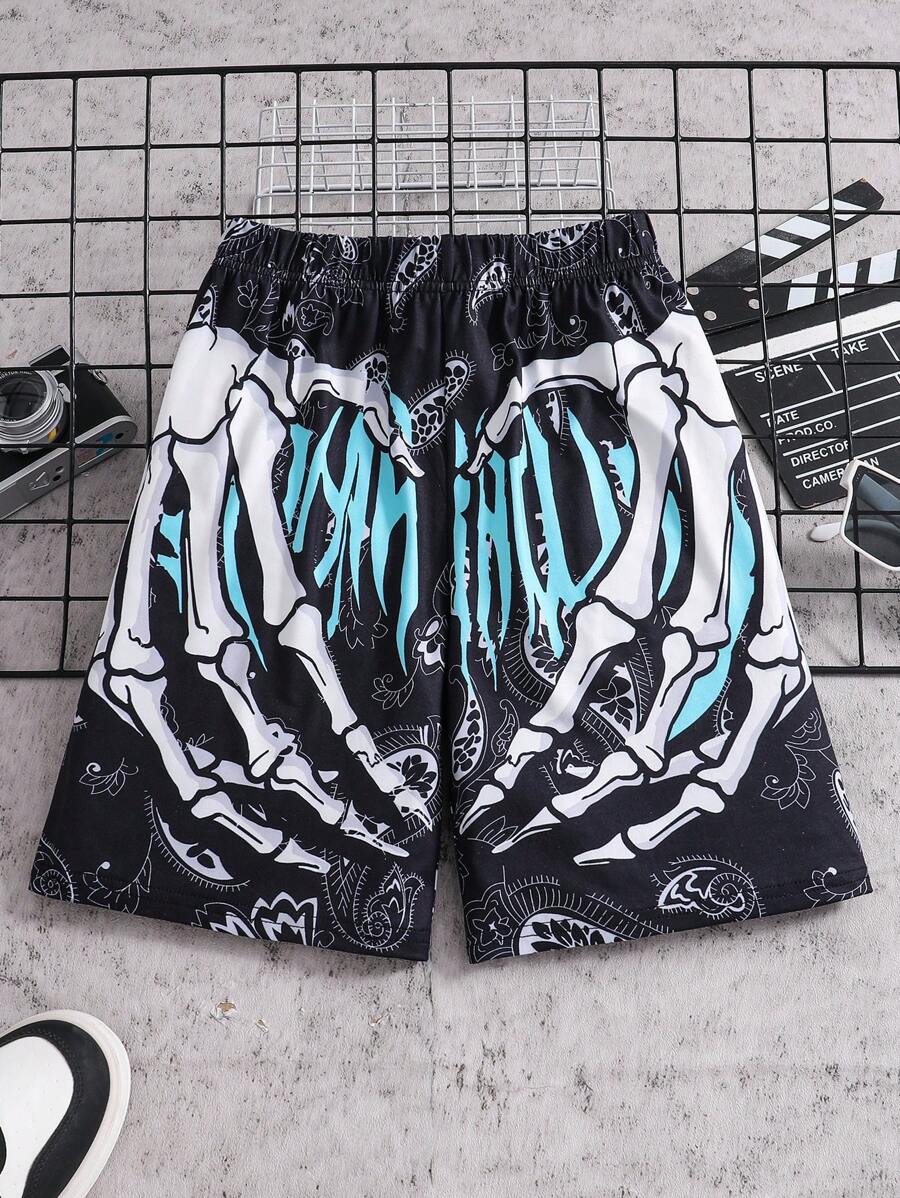 1pc Tween Boy Street Fashion Skateboard Skull Hand Letter Paisley Printed Shorts, Spring/Summer