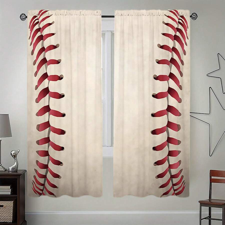2 stuks honkbal bedrukte gordijnen voor Halloween-huisdecoratie - Rod Pocket-raamdecoratie voor slaapkamer, kantoor, keuken, woonkamer en studeerkamer