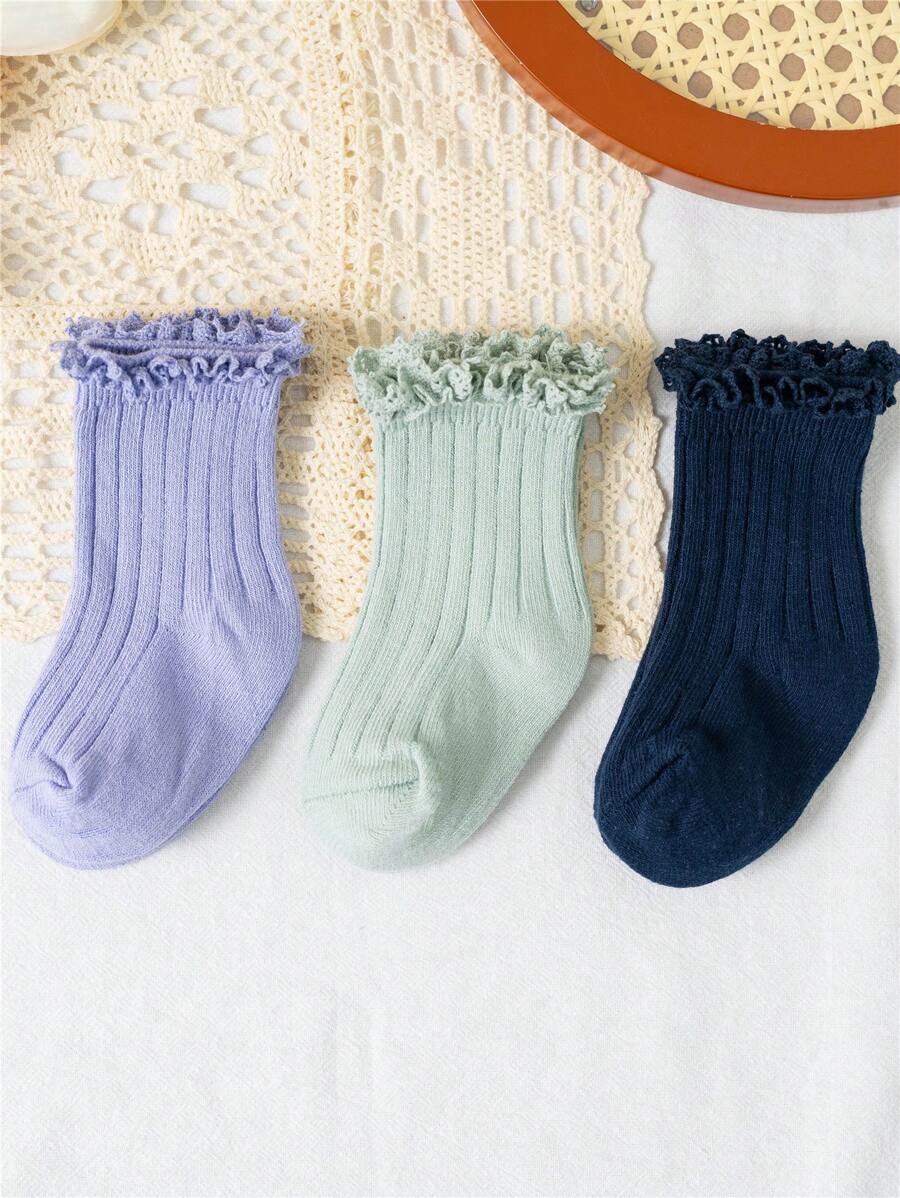 3 pares/lote Calcetines cortos con volantes para bebé, calcetines lindos y suaves para niñas pequeñas y niños, calcetines con encaje y flor para uniforme escolar de niños de 0 a 3 años, en colores morado, azul oscuro y azul agua