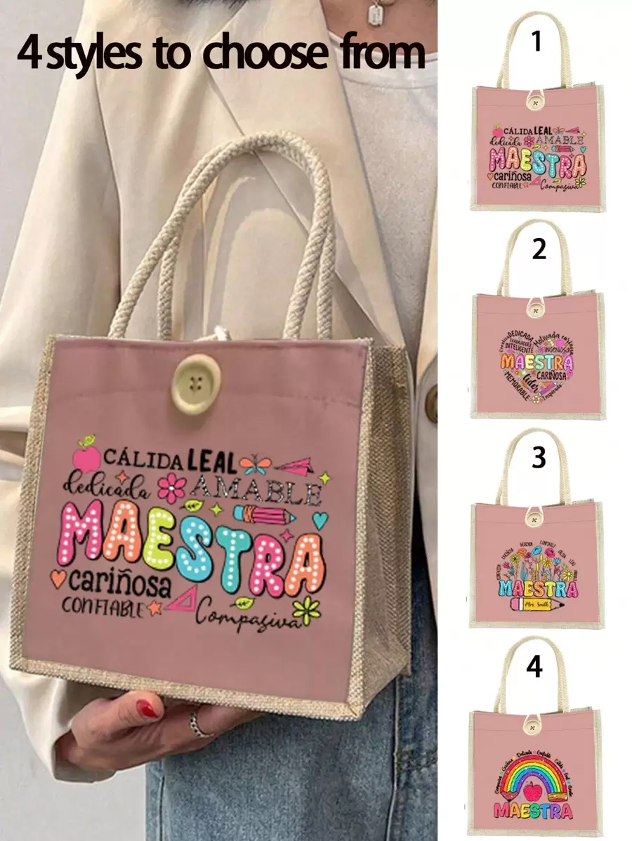 Maestra Rainbow Printed Tote Bag, Linen Tote Bag, Travel Bag Essential, Large Capacity Handbag, Letter Printed Shopping Bag, Women's Gift, Teacher's Day Gift, Suitable For School, University, Work, Business, Commuting, Outdoor, Travel, Holidays, Teachers' Day, Gifts For Teachers