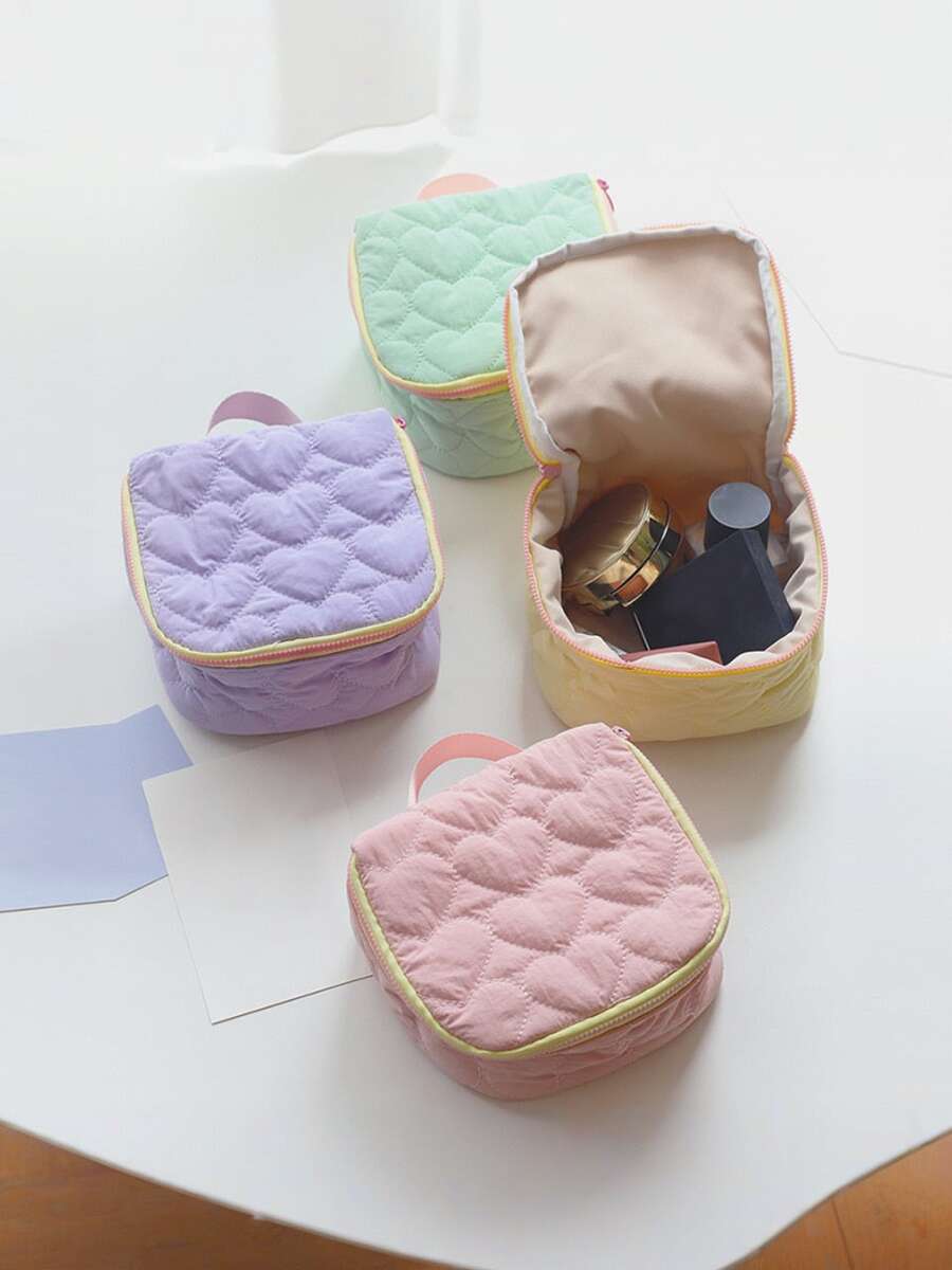 Girly Hearts Bursting! Heart Quilted Diamond-Shaped Cosmetic Bag, Pink, Purple, Green And Yellow Dreamy Four Colors, Small And Portable, Can Hold Your Beauty Tricks! Makeup Bag Travel School Supplies Travel Essentials Make Up Bag Holiday Essentials Makeup Bags Makeup Pouch Makeup Organizer Holiday Winter Leopard Print Sausage Dog Women Gifts For Women