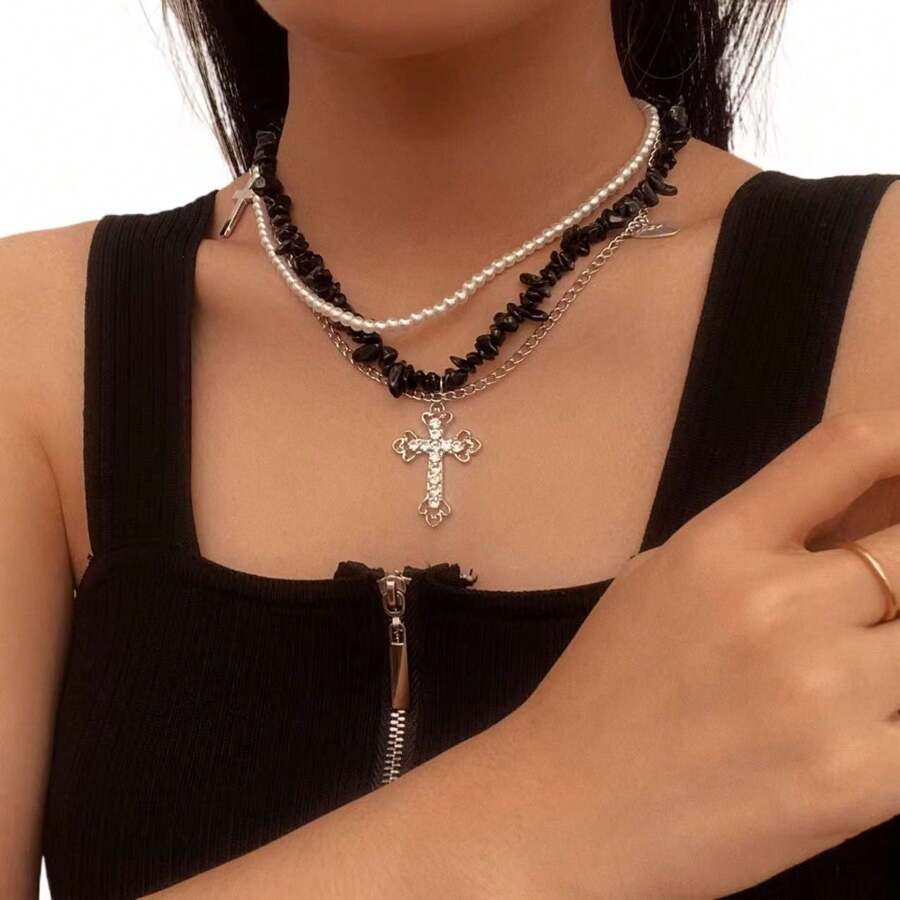 3pcs/Set Natural Stone + Titanium Steel + Faux Pearl Layered Necklace, Fashionable For Women, Suitable For Daily Wear Or Beach Vacation