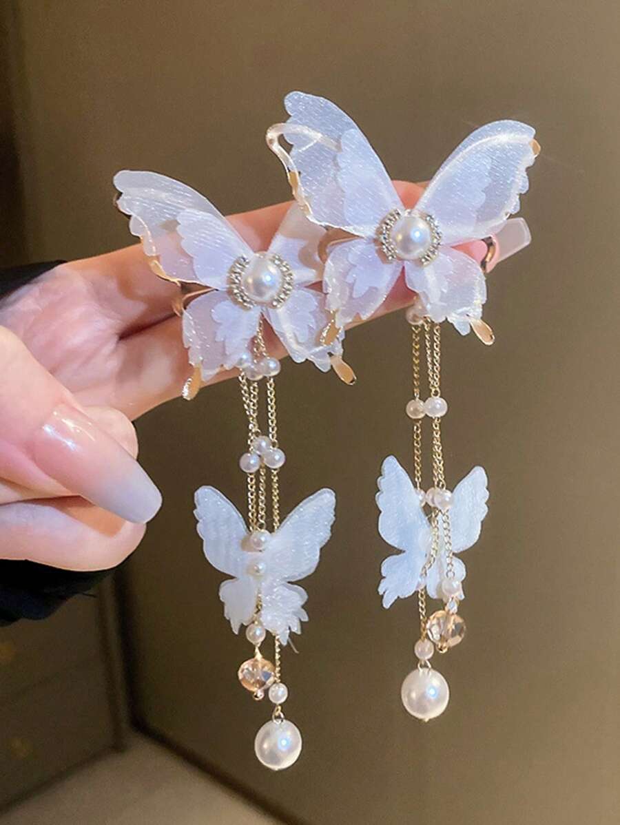 1 par de pendientes elegantes con borlas largas, mariposas, perlas falsas y strass en estilo retro para mujeres