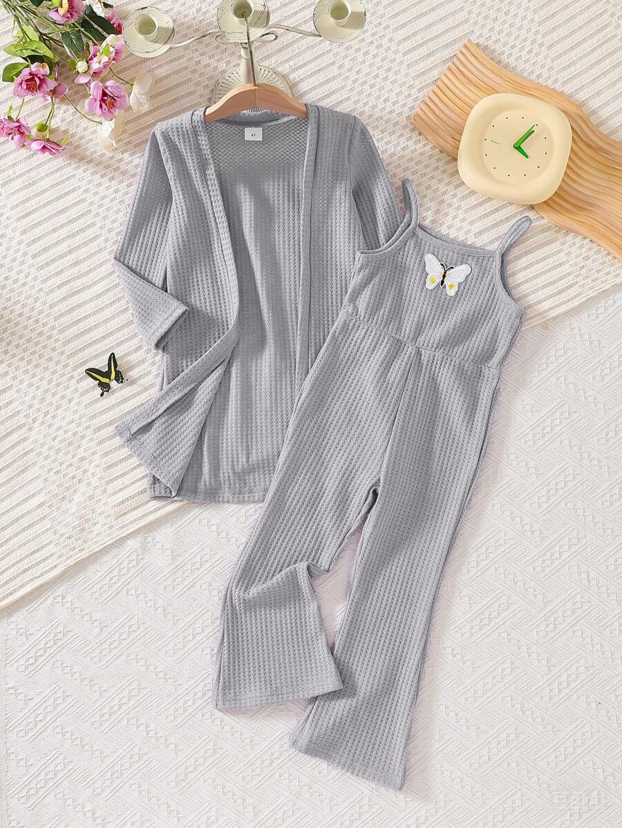 2pcs/Set Girls' Casual Fashion Resort Style Spaghetti Strap Jumpsuit + Paired Loose Solid Color Long Sleeve Jacket, Suitable For Spring/Autumn Resort Vacation Wear