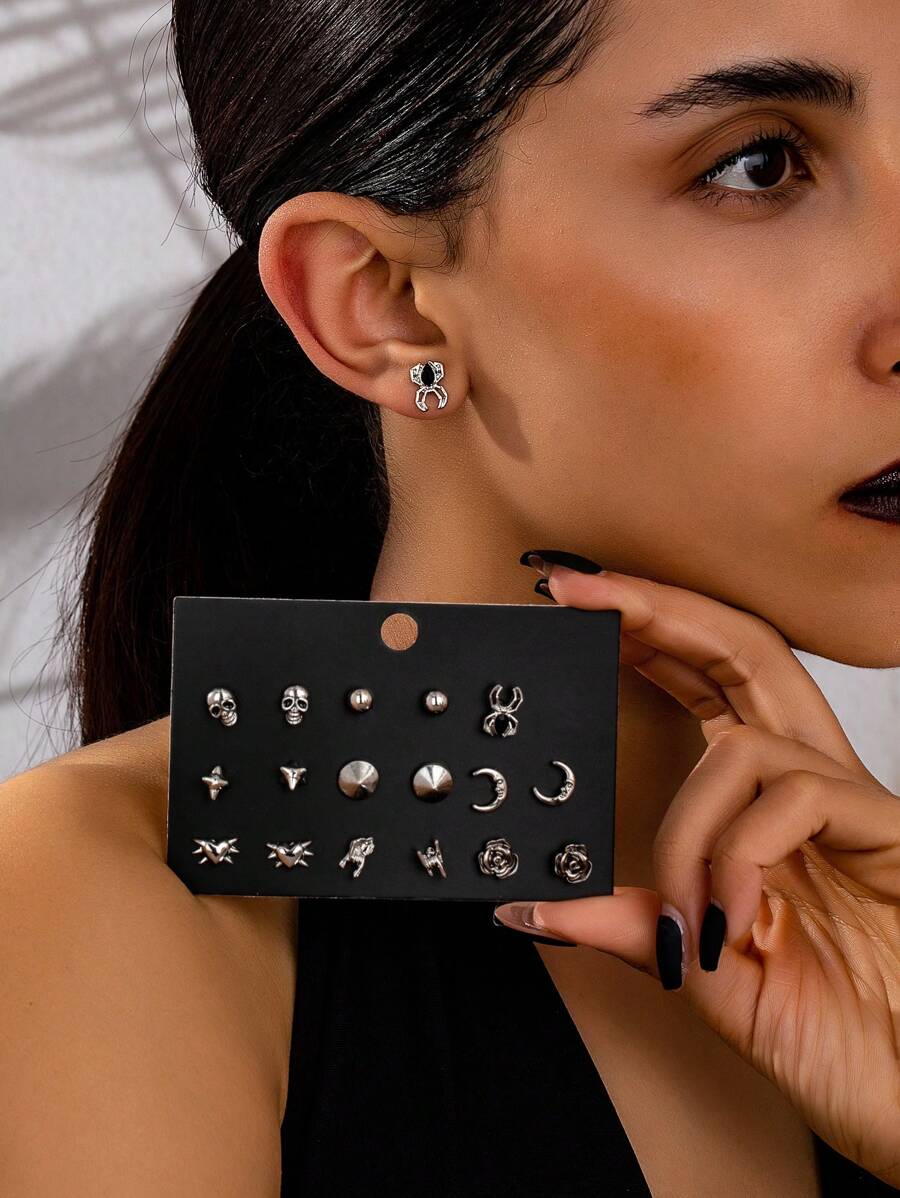 Set de 9 pares de aretes de estilo gótico con diseños de estrella, luna, araña y rosa, de alta gama, para uso casual y de viaje