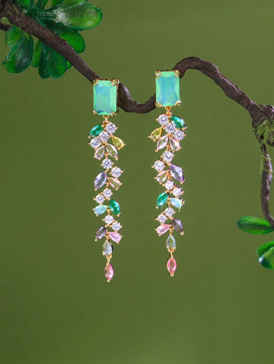 1 Pair Beautiful Multi-Color Cubic Zirconia Tassel Drop Leaf Shaped Long Dangle Earrings For Women, Gorgeous Wedding, Engagement, Pageant Jewelry