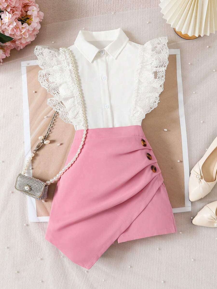 2pcs/Set Girls Elegant Floral Lace Splicing Sleeveless Blouse & Asymmetrical Hem Skirt, Spring/Summer