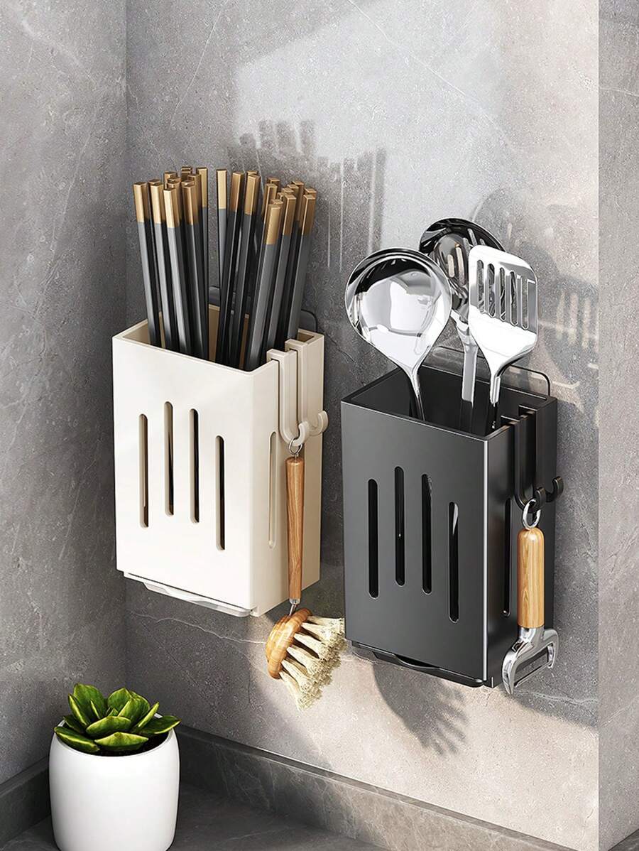 Kitchen Storage Box, Multi-Function Utensil And Chopstick Holder With Hook, Wall-Mounted Or Free-Standing, Plastic, Multi-Compartment Design, Suitable For Tableware And Dining Kitchen, Chopstick Storage Box, Drain Rack, Household Spoon, Chopstick Cage, Chopstick Tube, Kitchen Rack, Kitchen Gadgets.