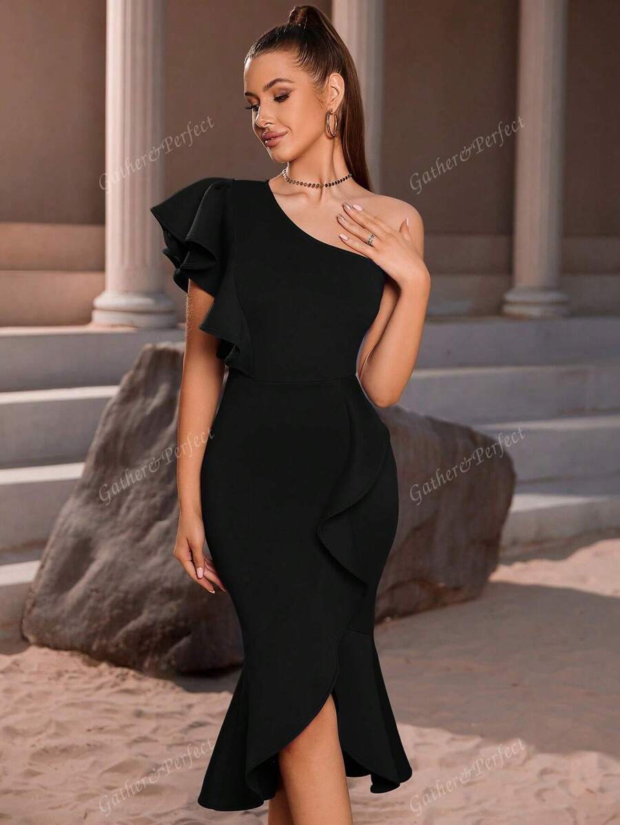 Vestido ceñido con volantes asimétricos elegantes en negro, vestido de fiesta, vestido de invitada de boda, para cóctel