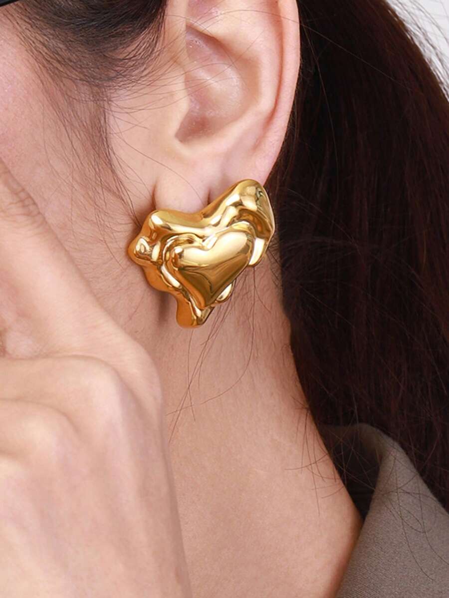 Uworld 1 paire de boucles d'oreilles en acier inoxydable en forme de cœur pour femmes, design en métal liquide plaqué or 18 carats. Bijoux féminins personnalisés et , convenant pour le port quotidien, les vacances, les fêtes, etc.