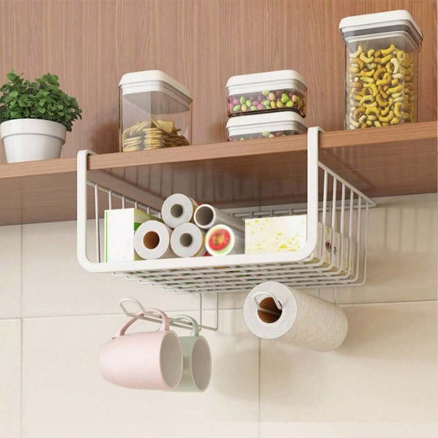 1pc Iron Art Cabinet Storage Hanging Basket, Tabletop Partition Shelf For Clutter Organization, No-Drill