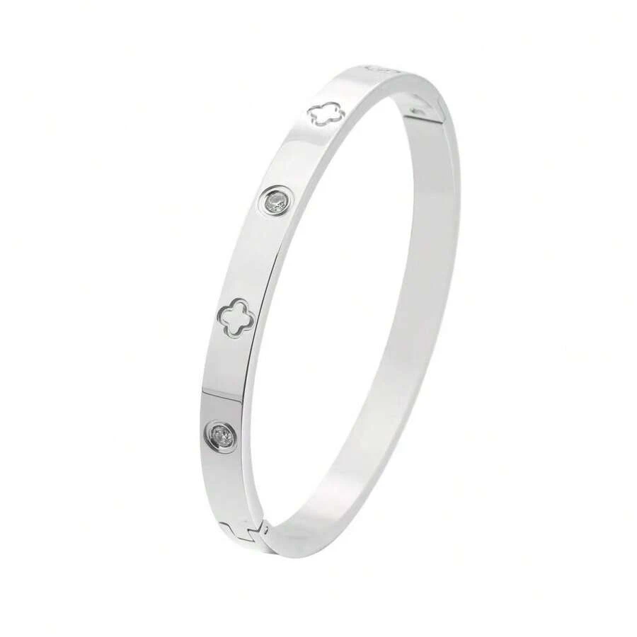 1-Piece Titanium Steel Bracelet, Mirror Polished, Vacuum Coated, Anti-Fading, Featuring A Four-Leaf Clover And Rhinestone, Fashionable Classic Design, Ideal For Daily Wear
