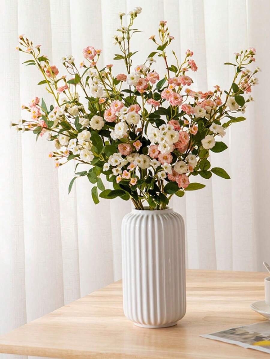 1pc Modern Style White Striped Plastic Vase - Ceramic Vase Imitation, Suitable For Fresh Flowers And Home Decor, Perfect Choice For Home And Cafe Decor, Striped Design, Simple Decorative Flower Arranging Item, Living Room