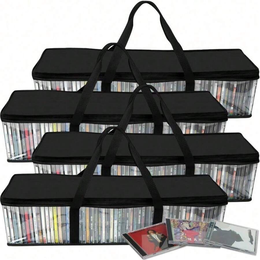 Storage Boxes (4 Pack) Durable CD Case Organizer With Lid, Disc Container Set Holds Up To 128 CDs, Black