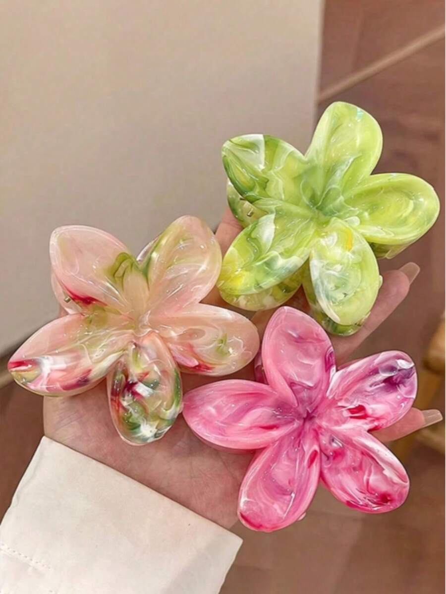 3 pièces Pinces à cheveux fleurs grandes 8 cm/3,15 pouces dégradé rose et vert pour femmes, en plastique léger, mode, élégantes, simples, couleur unie, convenant pour le quotidien, les sorties, les fêtes, les vacances, le chignon, la queue de cheval, le lavage du visage, le maquillage, accessoires vestimentaires, Saint-Valentin