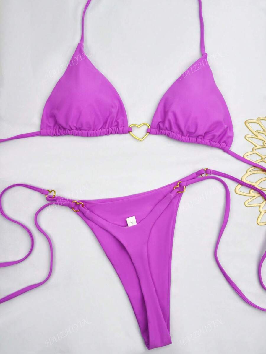 Conjunto de bikini de mujer 2024 con tela de nailon de color contrastante y diseño de corazón con cordones, traje de baño para playa, vacaciones y spa