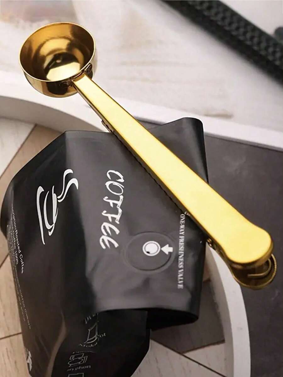 Cuchara medidora de acero inoxidable 2 en 1 con clip para bolsa, herramienta multifuncional para medir y sellar granos de café frescos, clip de sellado; joyas doradas de cocina, decoraciones de café espresso
