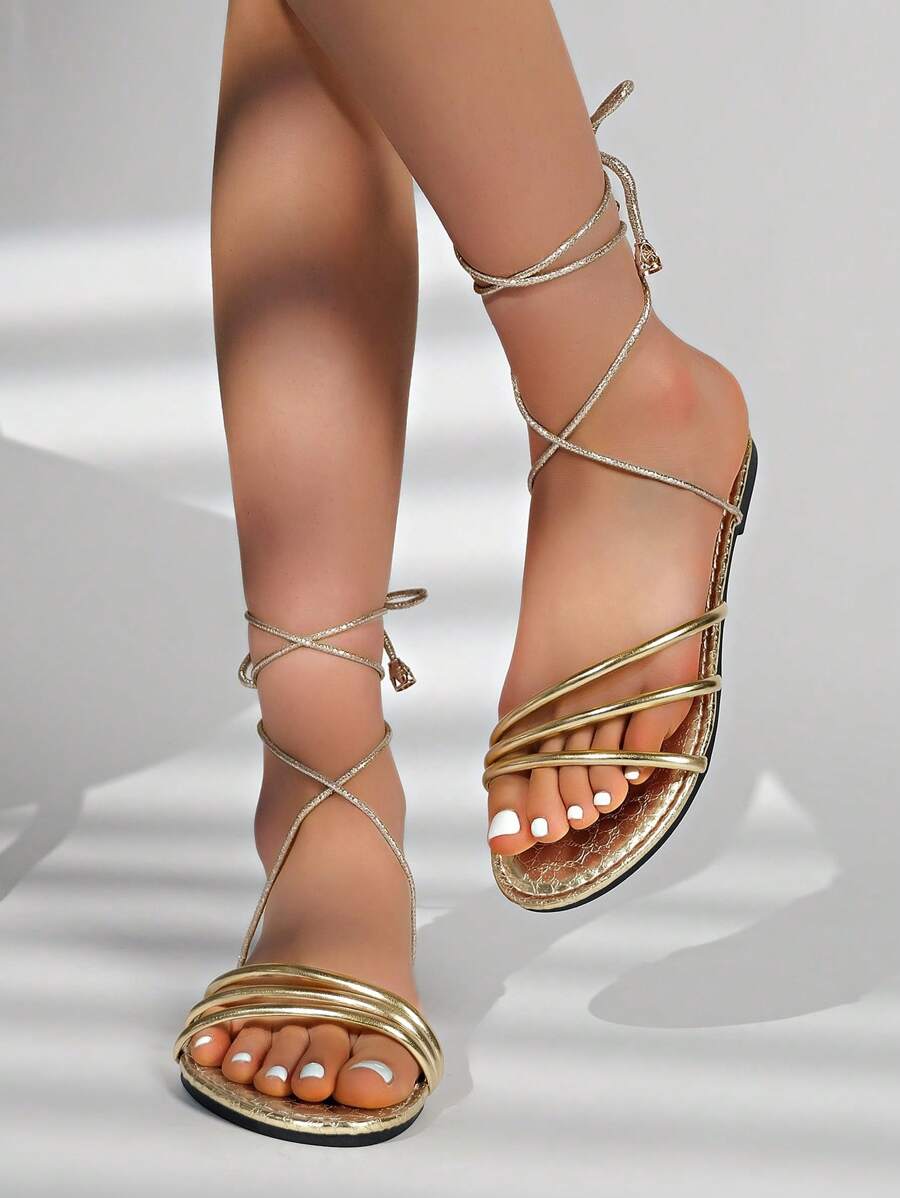 Sandalias planas de verano para mujer con talla grande, de estilo romano con cordones y aplicaciones de strass