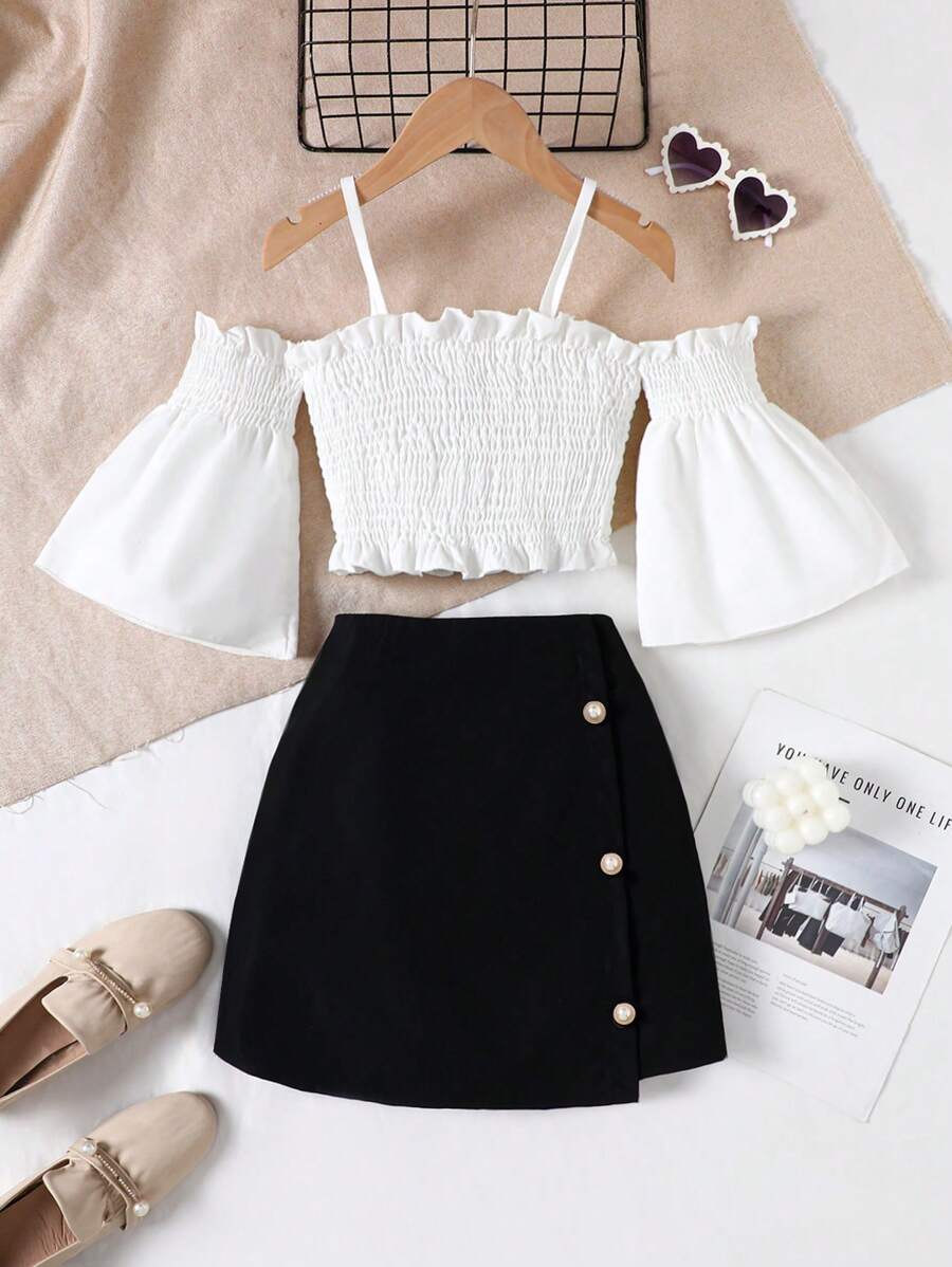 Ensemble robe ado fille élégante : blouse à manches évasées découvrant les épaules + jupe évasée, 2 pièces Tenue d'été décontractée, cadeau, convient aux activités de loisirs en extérieur