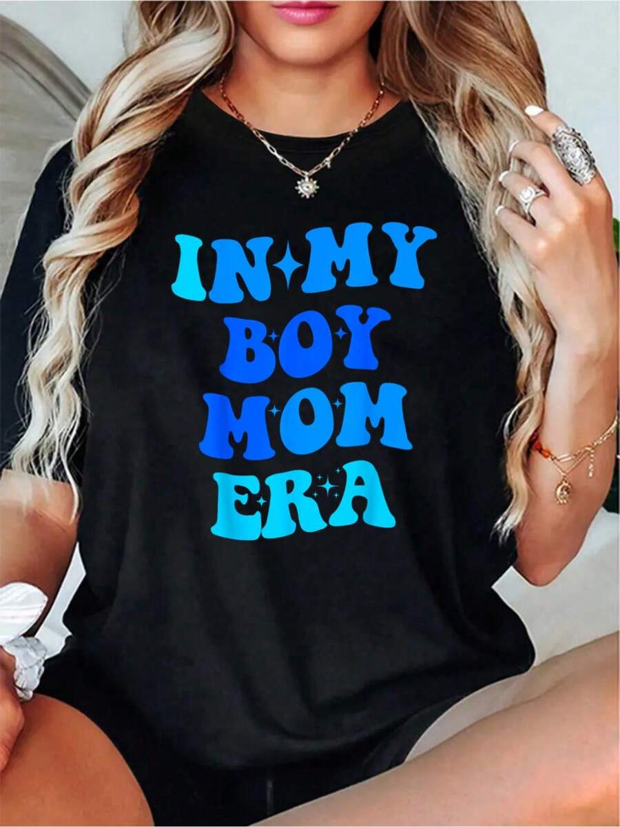 In My Boy Mom Era Retro Groovy Happy Mother's Day T-Shirt- 100% Cotton Women's Casual Short Sleeve Crew Neck T-Shirt For Spring & Summer