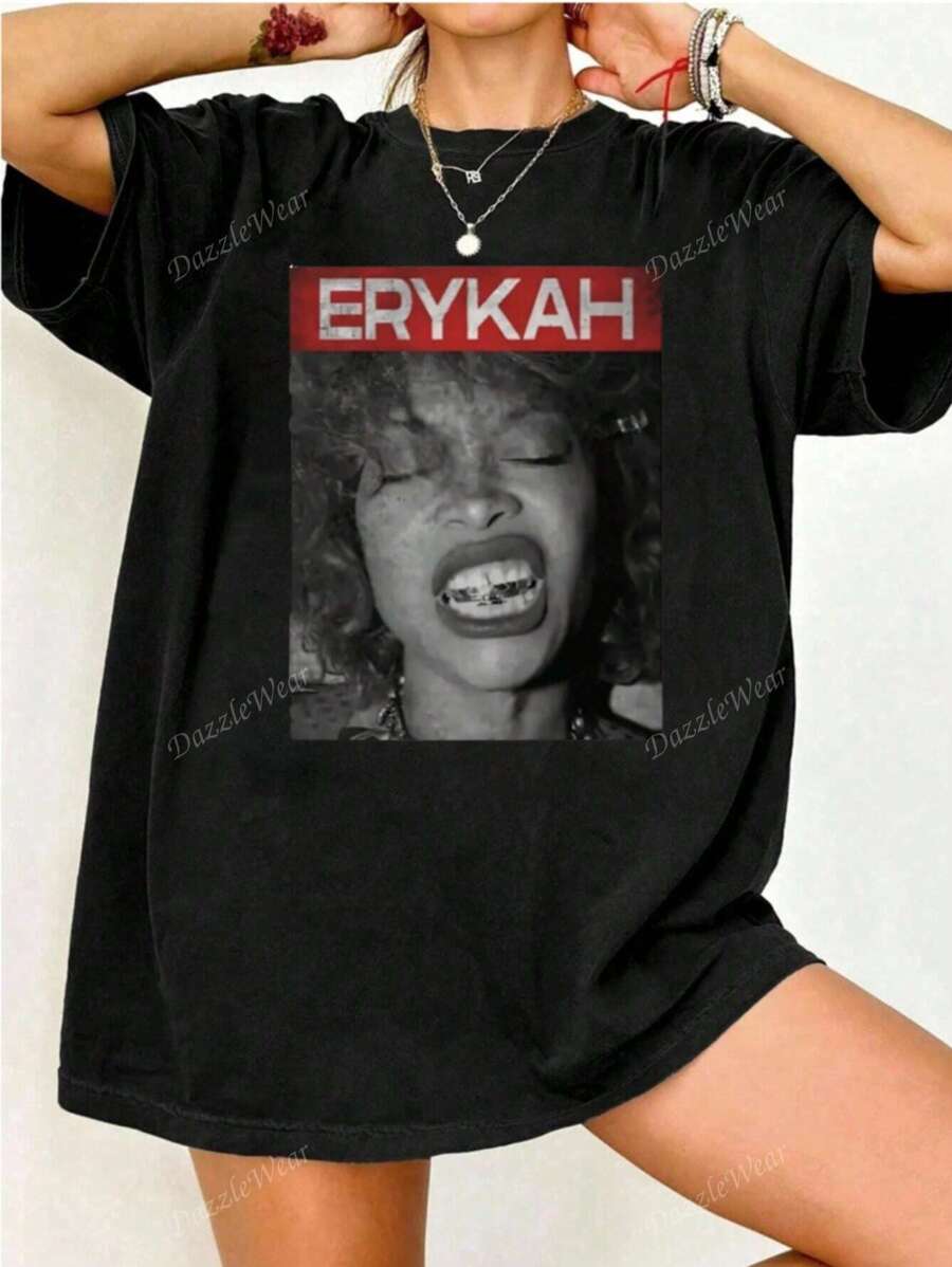 Women Casual Loose Face & Letter Printed Round Neck Short Sleeve Tee, Oversize T-Shirt, For Summer Graphic Tee