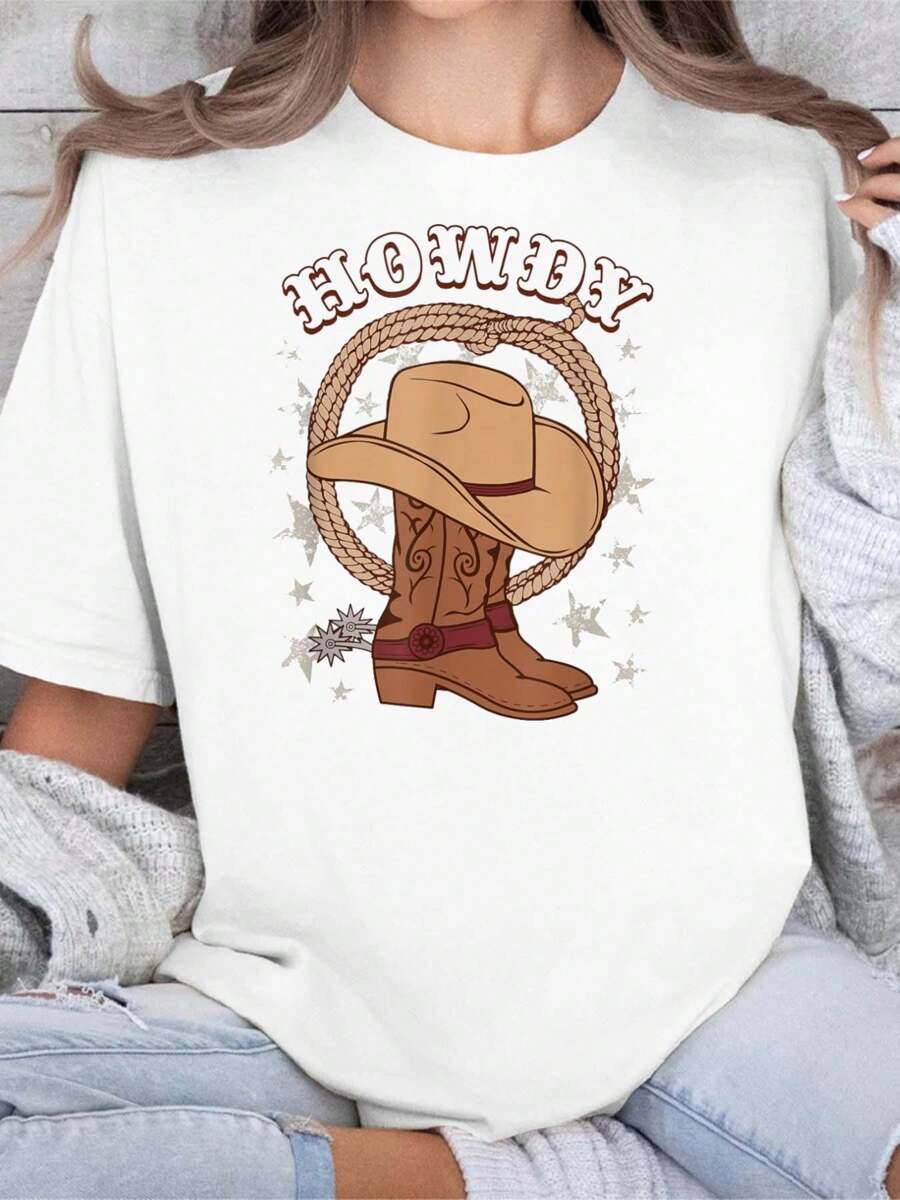 Howdy Cowboy Boots Hat Funny Rodeo Country Western Texas Cotton Printed T-Shirt For Summer, Soft Women's Short Sleeve Top, Fashionable And Comfortable Graphic Tee