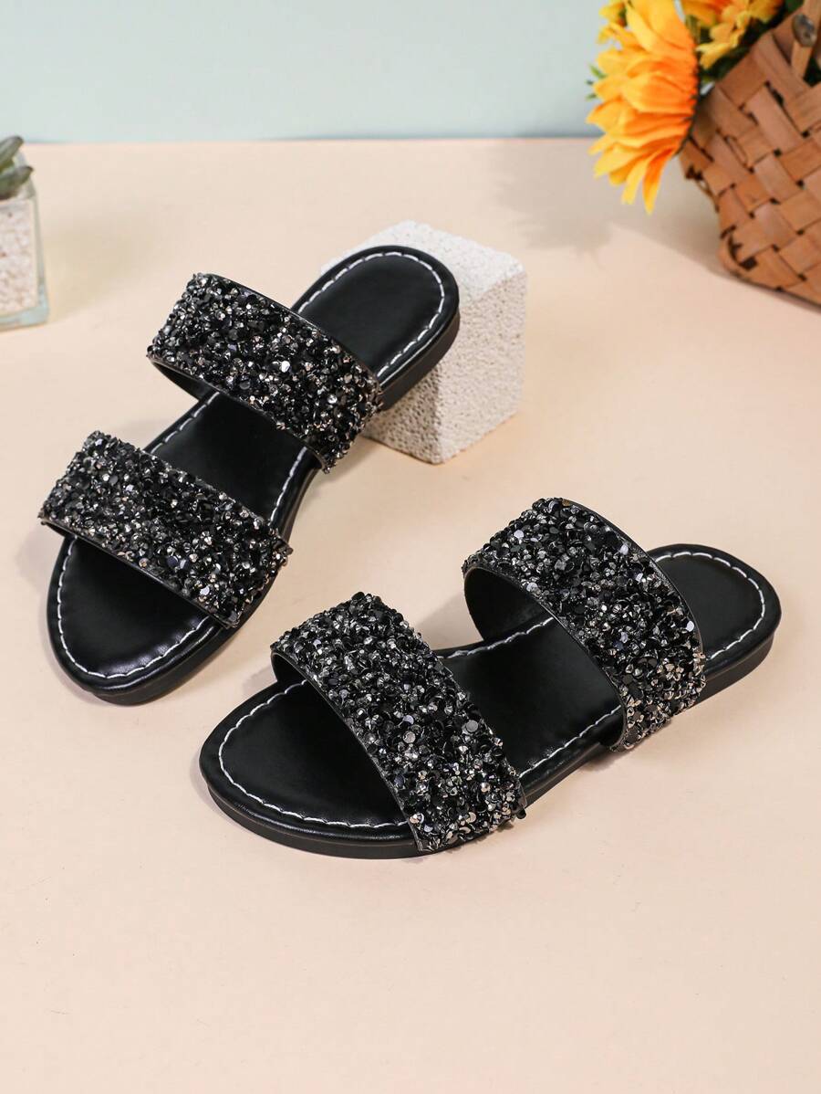 1 Pair Black Plus Size Toddler Girls' Flat Sandals, Solid Color PU Adjustable Buckle Strap, Round Toe, Non-Slip, Cute Roman Casual Slippers Suitable For 3-15 Years Old Kids, Spring/Summer New Arrival 2025