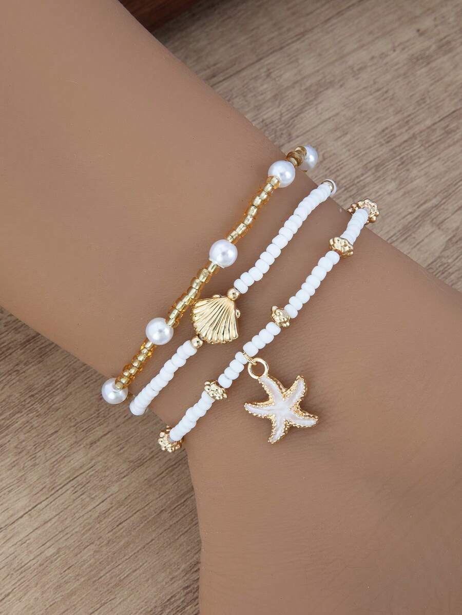 Conjunto de 3 piezas de tobillera con cuentas de perlas falsas, con dijes de estrella de mar y concha dorada, adecuado para uso diario y de vacaciones