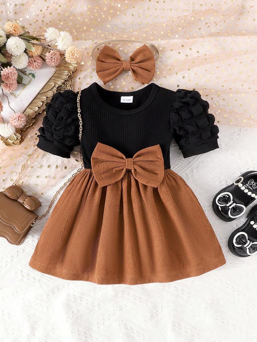 2 piezas Vestido acampanado negro de pana para niña con parches y decoración de mariposa, con cintura ceñida y mangas abullonadas, incluye lazo a juego para el cabello