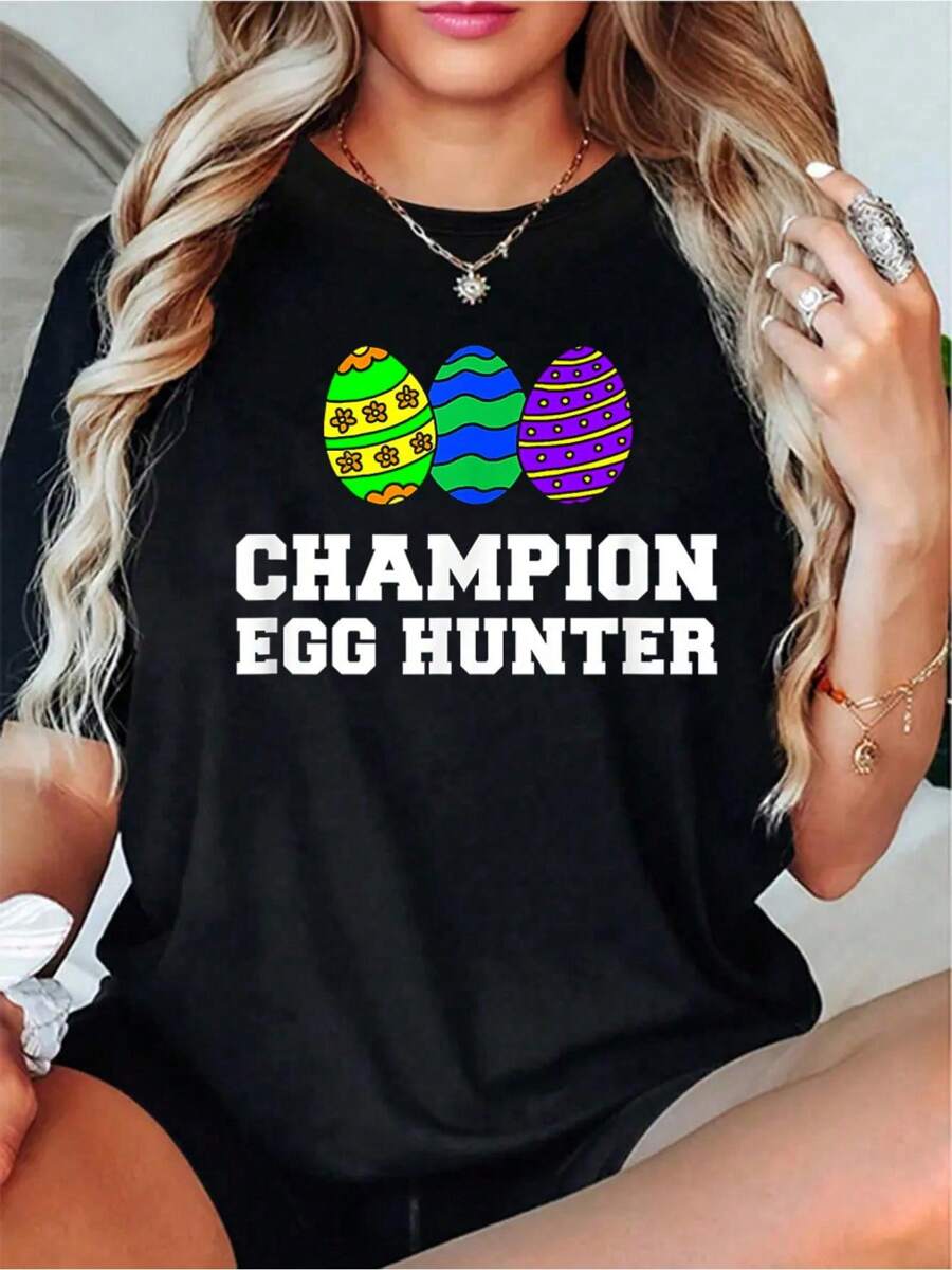 Egg Hunter Easter Egg Hunt Funny Cartoon T-ShirtWomen's Casual Short Sleeve Crew Neck T-Shirt For Spring & Summer