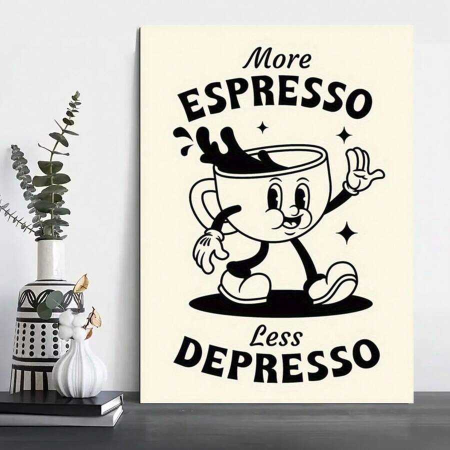 Framed Vibrant Coffee-Themed Art - Unique Illustration Canvas Posters For Home Decor With Humorous "More Espresso, Less " Quote