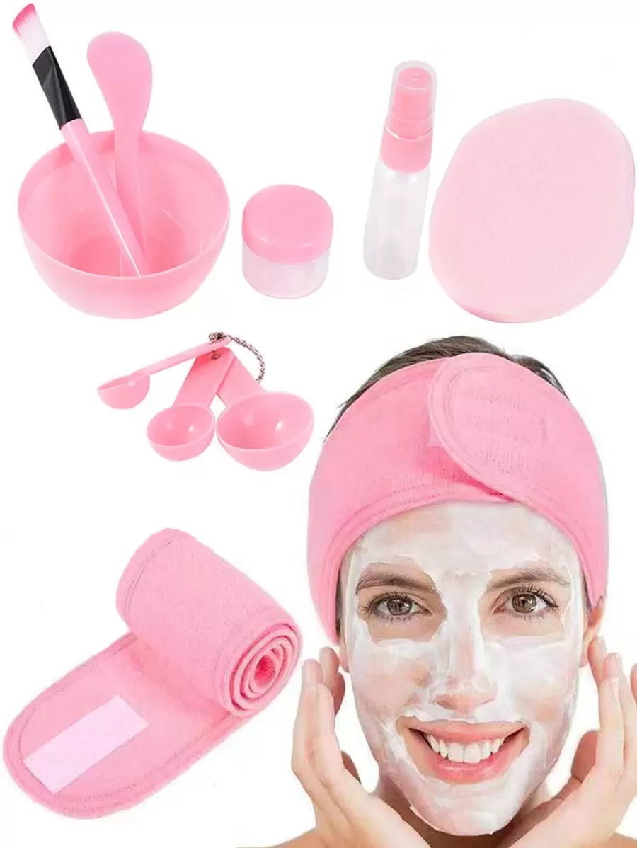 10 stuks/set gezichtsmaskerverzorgingsset - roze, inclusief verstelbare hoofdband, maskerkom, stok, schraper, siliconenborstel, spuitfles, pof, zachte antislip hoofdband, voor het wassen van het gezicht, baden, yoga, hardlopen