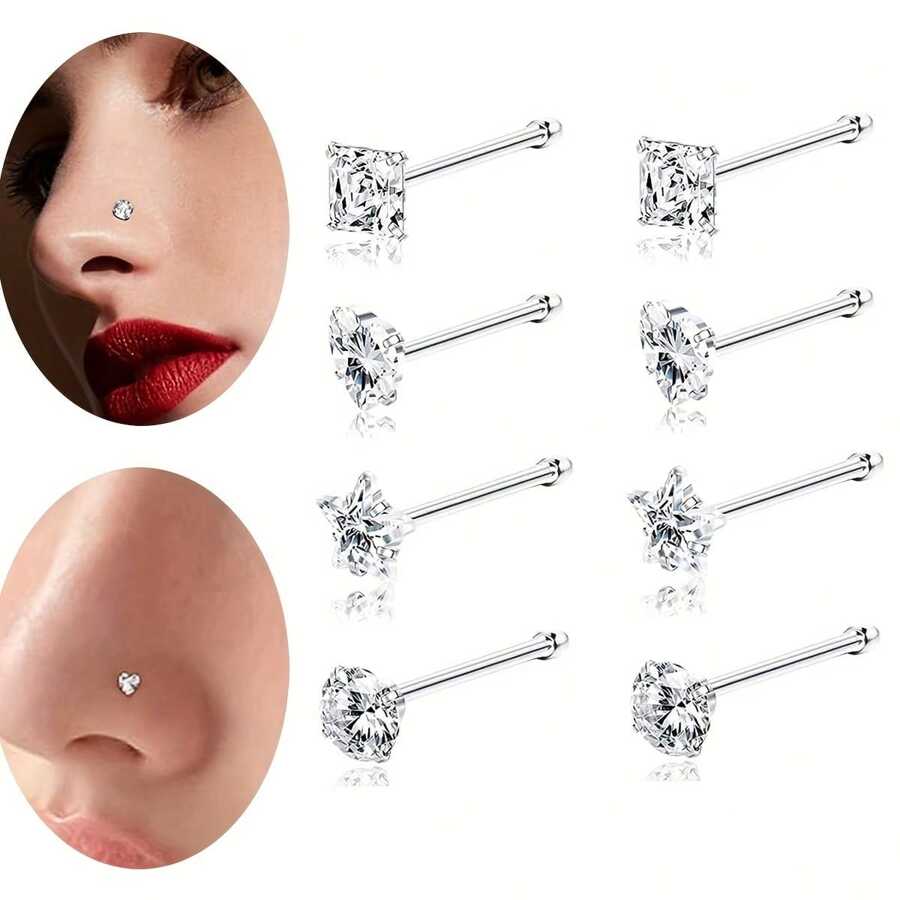 8pcs Fashion Nose Rings Studs Set, 20G Hypoallergenic Stainless Steel, Synthetic Cubic Zirconia, Round & Heart Design, Non-Magnetic, For Women, Perfect For Christmas, Thanksgiving, Valentine'S Day,Mom,Mother,Mother's Day,Gift