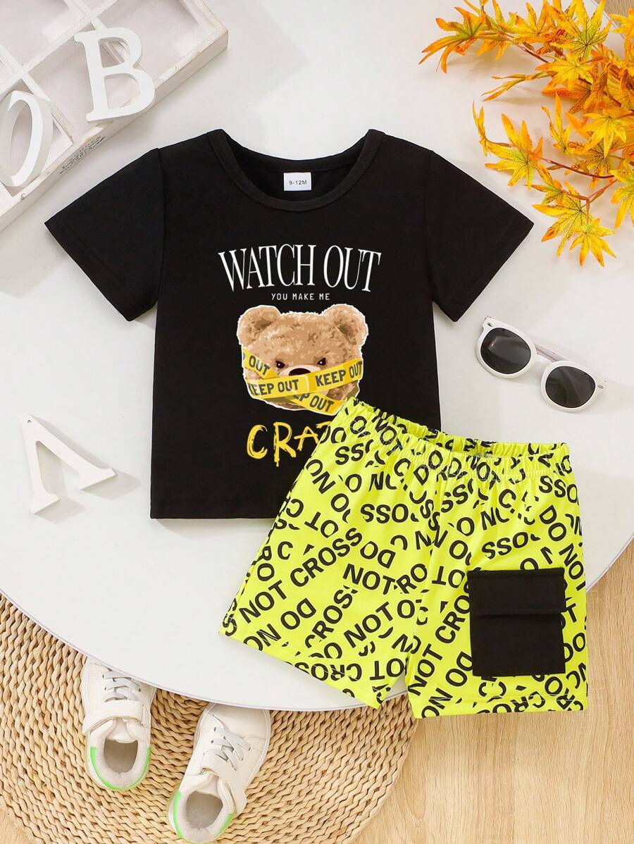 2pcs Baby Boy Letter & Cartoon Bear Print Short Sleeve Top & Random Letter Pocket Shorts Fashion Outfit Set