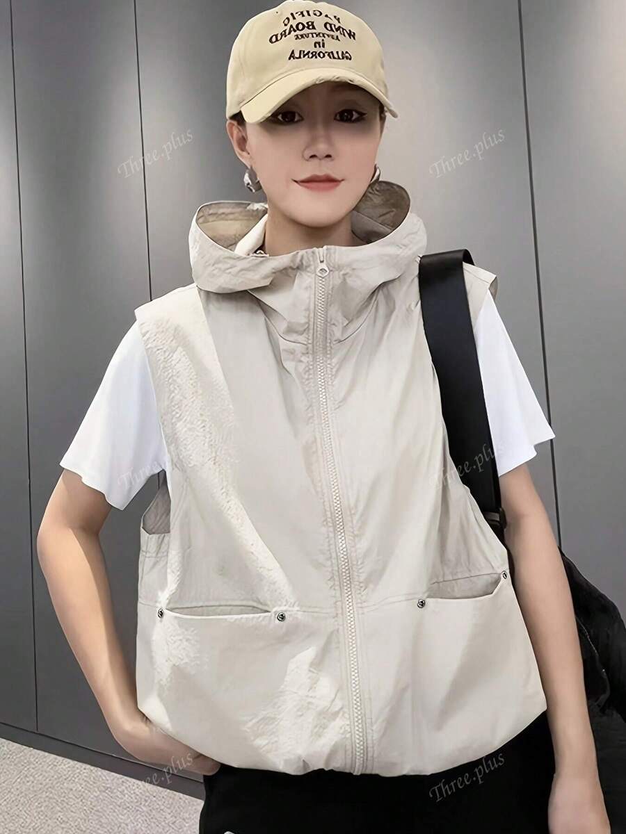 Nuovo stile casual per primavera/estate, gilet aderente da donna con cappuccio, cerniera e tasche, versatile e alla moda