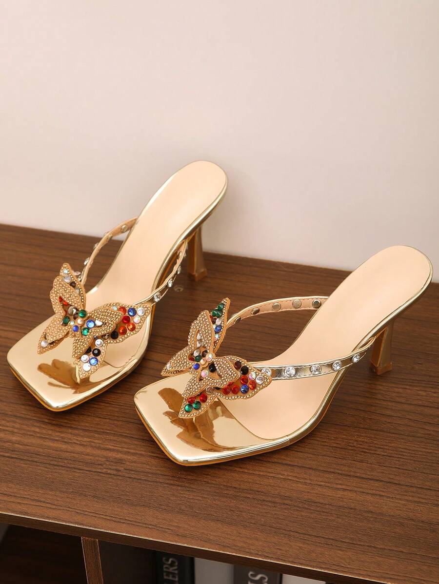Damen Luxus Mode bunte Strass Perlen Schmetterling Riemen Durchsichtig Asymmetrisch Peep Zehen Sandaletten mit hohem Absatz, elegant sexy