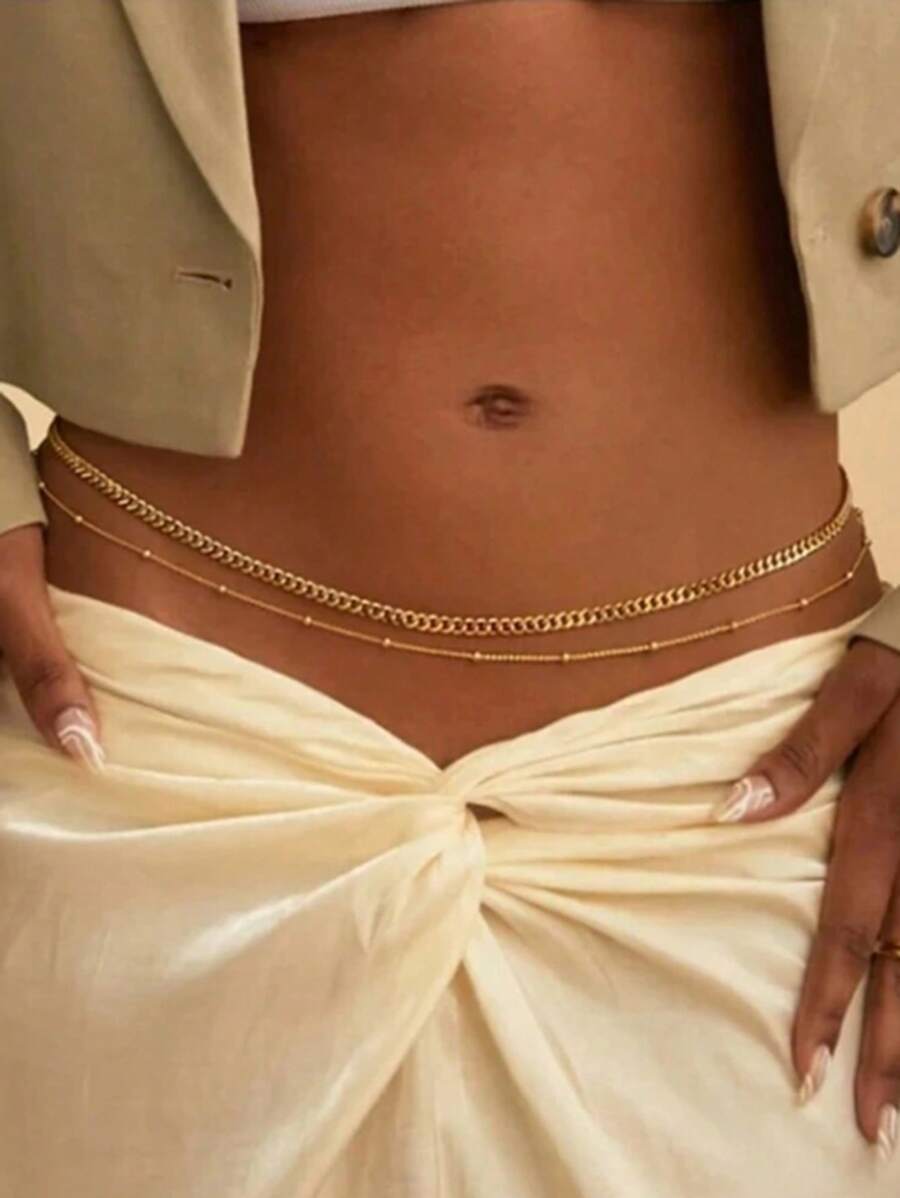 2 pièces Ensemble de chaîne de taille mode et polyvalente pour femmes, chaîne de corps de bikini de plage minimaliste, chaîne de nombril réglable, bijoux de mode , chaîne de taille sexy pour femmes, été, école, automne, Halloween