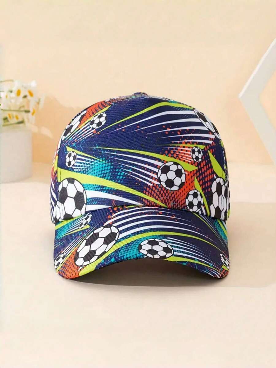1 pieza Gorra de béisbol unisex para niños con estampado gráfico de fútbol, transpirable, azul marino, apta para uso en exteriores y uso casual durante todo el año