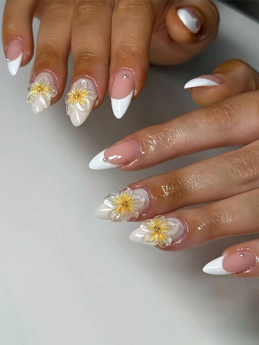 Instantly Upgrade Your Look With 24PCS Medium Almond White French Style Pastoral Style Yellow Floral&Elegant Classic Pearl Decor 3D Full Cover Fake Nail Kit Will Give Your Look A Lovely And Sweety Suitable For Spring Dating And Holiday Press On Nails