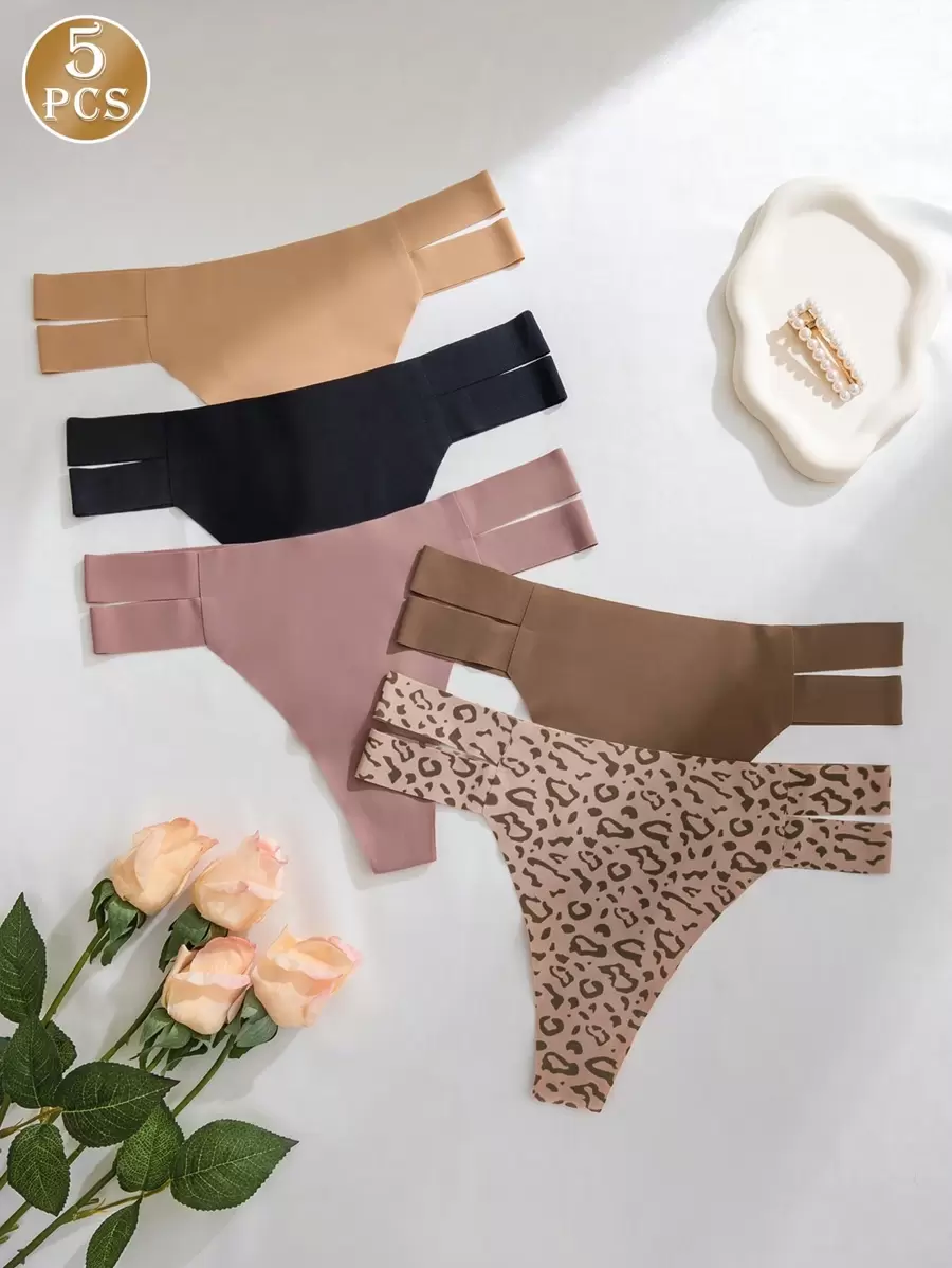 Set de 5 bragas tipo tanga de leopardo con estampado sexy, transpirables y cómodas para fitness y deportes