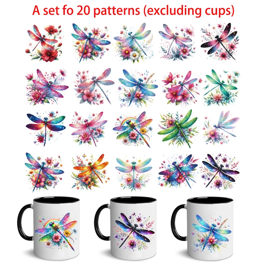 1 st (20 verschillende patronen kunnen vrij worden gesneden) Dragonfly & Flower Series Design Heat Transfer Paper, waterdicht voor glazen bekers, roestvrijstalen rolvinyltransferpapier, UV DTF, geschikt voor 16OZ-bekers, koelkasten, laptops, mokken en andere vlakke oppervlakken, waterdichte doe-het-zelfdecoratie (bekers niet inbegrepen)