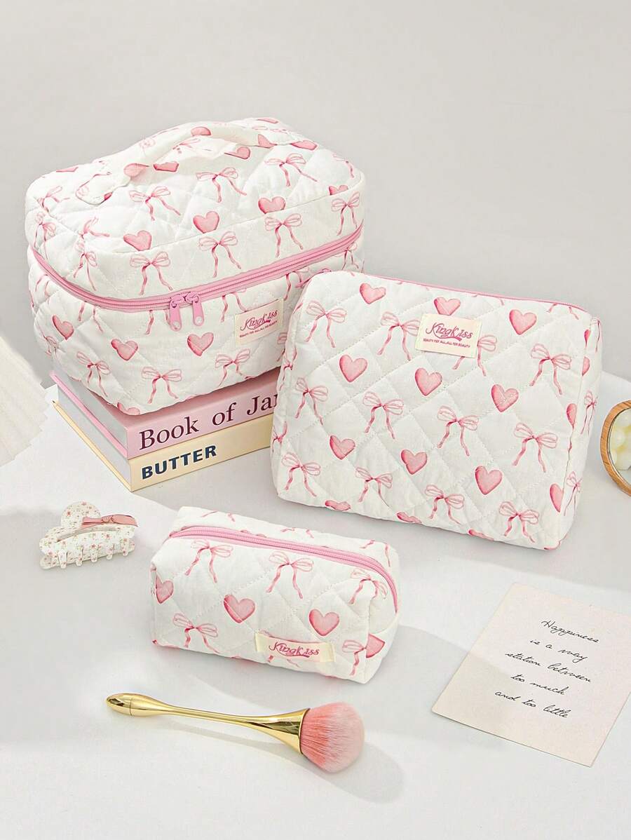 1 Bolsa de maquillaje acolchada con forma de corazón y lazo rosa. Bolsa de cosméticos de viaje, bolsa de cosméticos multifunción, bolsa de baño, bolsa de almacenamiento de joyas, bolsa de almacenamiento de perfumes y cuidado de la piel, bolsa de pinceles, bolsa de toallas sanitarias, bolsa de auriculares, monedero, bolsa de gafas, adecuada para familia, viajes, escuela y trabajo. Adecuada para mujeres y estudiantes. Regalos festivos, regalos de cumpleaños, regalos de Navidad, regalos para mamá, recuerdos, lindo