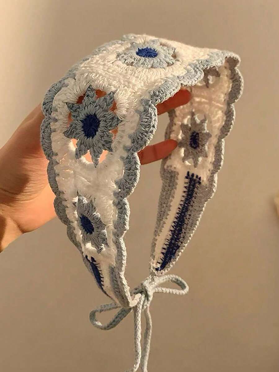 1 pièce Bandeau long en tricot orné de fleurs pour femmes, style boho chic, imprimé floral, look bohème doux et décontracté. Convient pour le port quotidien et les sorties printanières