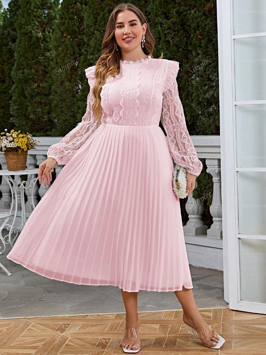 Simplee Plus Size Women's Summer New Contrast Lace Pleated Hem Elegant Long Dress, Suitable For Elegant Party, Wedding Guest
