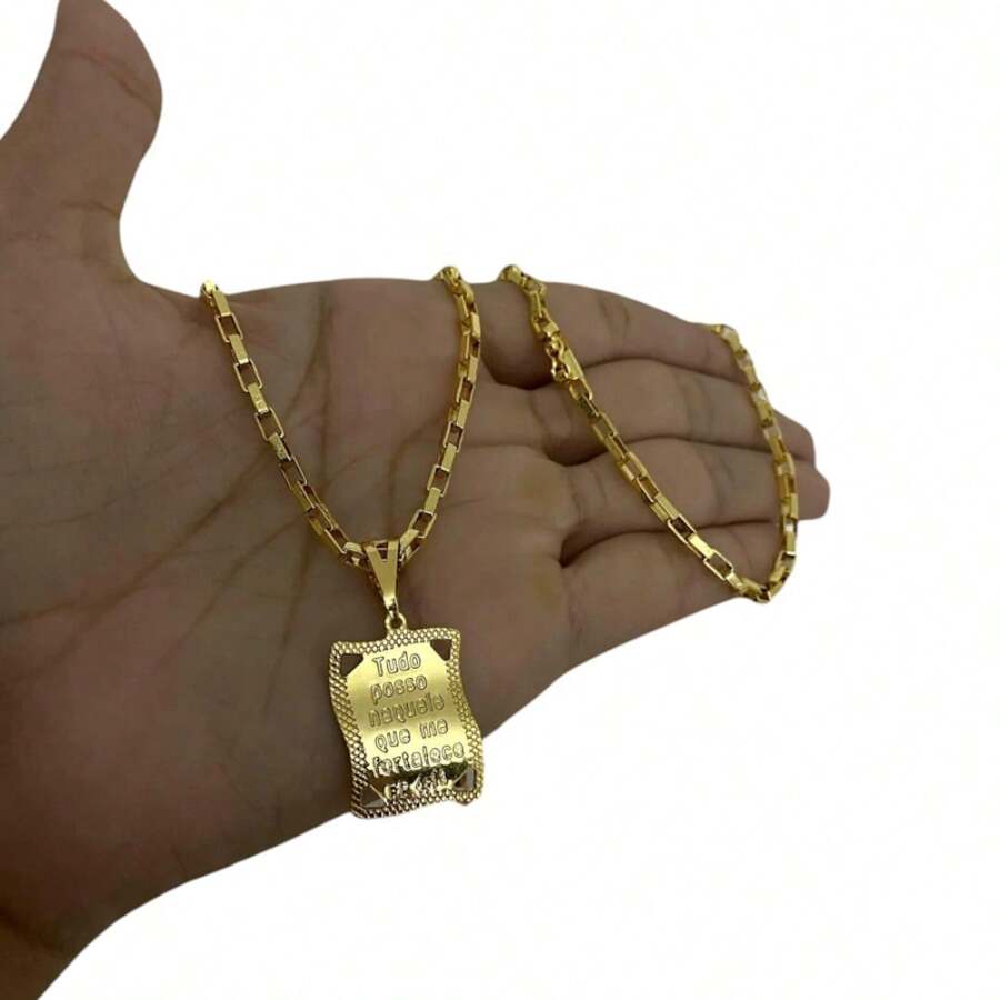 Cordão Tijolinho 3mm + Pingente Tudo Posso - Banhado a Ouro