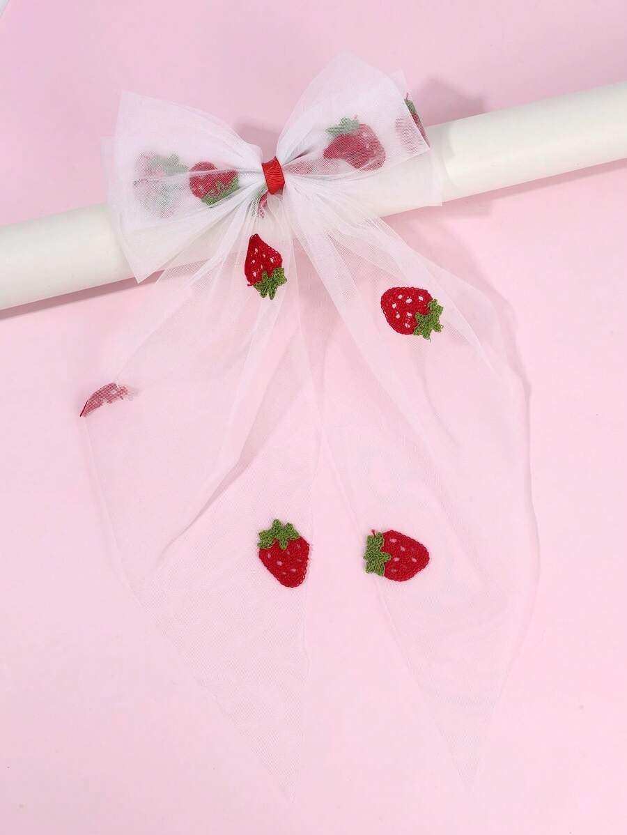 1pc Strawberry Hair Bows Girls Large White Mesh Hair Bow Apple Cherry Hair Clips Elegant Big Tull Alligator Clips,Wedding Party Hair Accessories