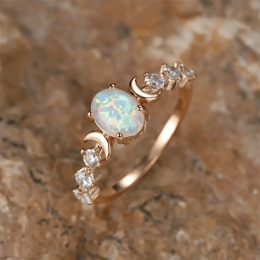 Boho Stijl Belofte Ring Retro Ster Decor 18K Goud Verguld Maansteen Ontwerp Geplaveide Glanzende Opaal Zirkonia Verlovings-/Trouwring Banketfeest Decor Cadeau Voor Vrouwen