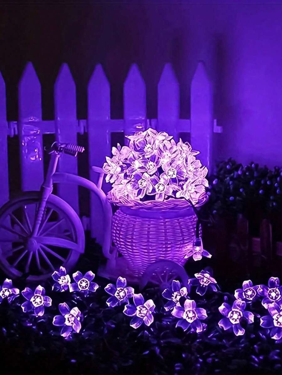 1pc Solar Powered Cherry Blossom String Lights, Multi-Mode Adjustable Outdoor Fairy Lights For Valentine's Day, Garden, Yard, Fence, Porch, Tree, Flower Themed Party, Waterproof Holiday Decor